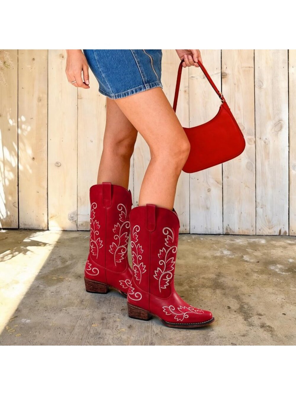 Women's Cowgirl Western Mid Calf Boots Square Toe Red Pull On Country Boots - Picture 3 of 6